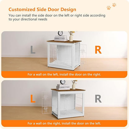 DWANTON Dog Crate Furniture with Cushion, Wooden Kennel Table with Double Doors, Indoor Dog House, Small/Medium/Large Size, 27.2" L, White+Warm Brown