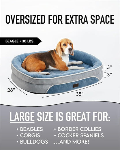 OhGeni Orthopedic Dog Bed for Large Dogs, Dog Couch Design with Egg Foam Support, Removable, Machine Washable Plush Cover and Non-Slip Bottom with Four Sided Bolster Cushion (Washed Blue)