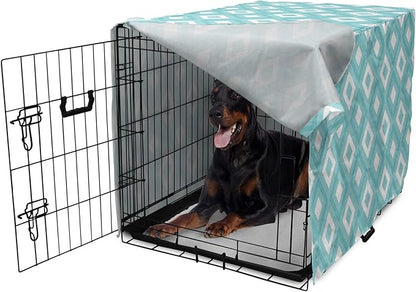 Lunarable Geometric Dog Crate Cover, Nested Diagonal Squares with Tiny Polka Dots Symmetric Repetition, Easy to Use Pet Kennel Cover for Medium Large Dogs, 42 Inch, White and Pale Teal