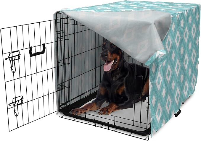 Lunarable Geometric Dog Crate Cover, Nested Diagonal Squares with Tiny Polka Dots Symmetric Repetition, Easy to Use Pet Kennel Cover for Medium Large Dogs, 42 Inch, White and Pale Teal