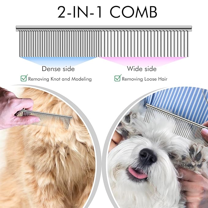 OneCut Pet Grooming Brush and Metal Comb Combo, Pet Grooming Rake and Brushes for Small, Medium & Large Dogs Double Sided Deshedding Tool Removes Knots and Tangled Hair (Red)