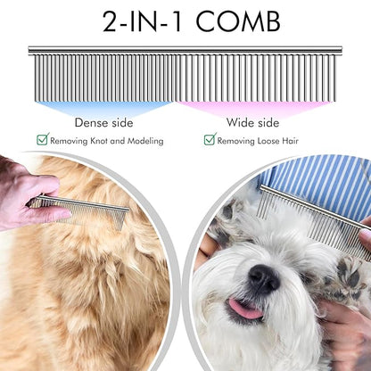 OneCut Pet Grooming Brush and Metal Comb Combo, Pet Grooming Rake and Brushes for Small, Medium & Large Dogs Double Sided Deshedding Tool Removes Knots and Tangled Hair (Red)