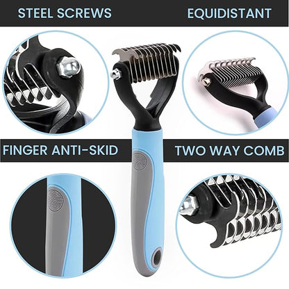 Pet Grooming Brush - Shedding Comb & Dematting Tool for Dogs & Cats, Extra Wide Undercoat Rake for Dog Grooming, Blue