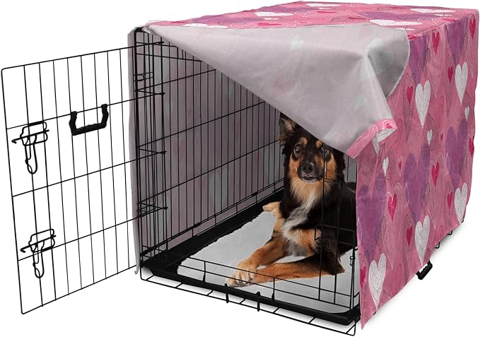 Lunarable Love Dog Crate Cover, Natural Theme Abstract Hearts Pattern Leaves Romantic Nature Art, Easy to Use Pet Kennel Cover for Medium Large Dogs, 36 Inch, Pink Purple