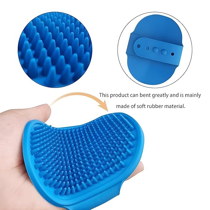 JASLAH 3 Sets with Comb, Pet Grooming Bath Brush Soft Silicone Bristle for Long Short Haired Dogs and Cats Shower, Bath Brush Soothing Massage Rubber Comb with Adjustable Ring Handle, Blue