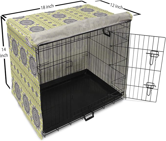 Lunarable Bohemian Mandala Dog Crate Cover, Floral Sun Motif on Brush Drawn Stripes with Dots, Easy to Use Pet Kennel Cover for Small Dogs Puppies Kittens, 18 Inch, Night Blue Yellow