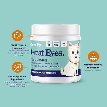 Great Eyes - Safe & Gentle Tear Stain Remover for Dogs - Natural Eye Wipes for Dogs - Made in The USA & Easy to Use Pre-Soaked Wipes - 100 Wipes