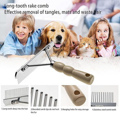 Undercoat Rake for Dogs, 3 Pack Pet Grooming Brush Set Long Tooth Rake Brush & Double-Sided Teech Comb & Stainless Steel Shedding Comb, Long Haired Pet Grooming Tool Set for Horse Large Dog Cat
