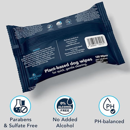 NOVEHA Dog Wipes - Odor Eliminating and Cleaning Grooming Wipes for Dog's Paws, Body, and Butt - Perfect for Puppy and Adult Dogs - Plant-Based, Safe, Convenient & Large Unscented Wipes (120 Counts)