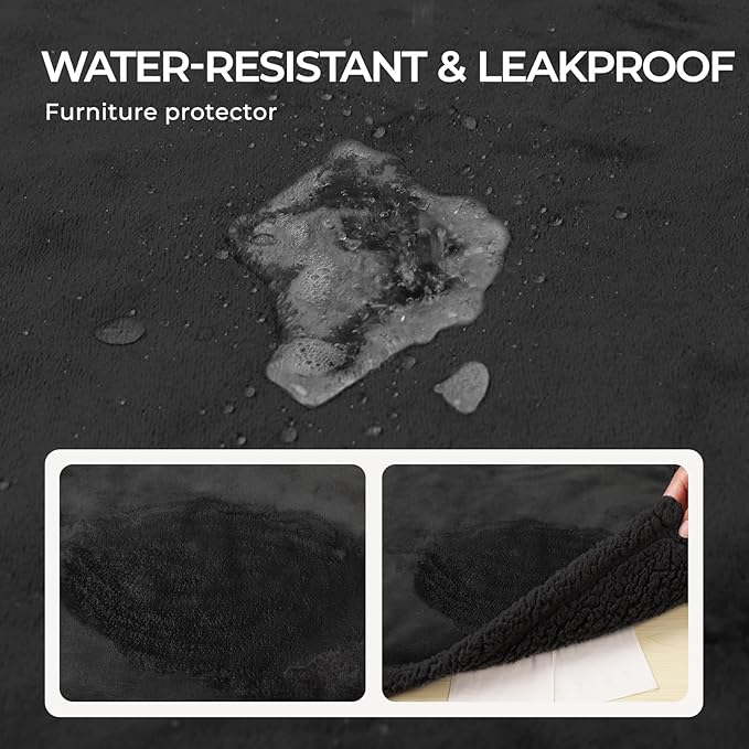 Waterproof Pet Blanket, Liquid Pee Proof Dog Blanket for Sofa Bed Couch, Reversible Sherpa Fleece Furniture Protector Cover for Small Medium Large Dogs Cats, Black King Size（100" x 85"）