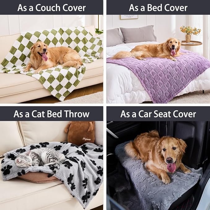 Qeils Jacquard Dog Blankets for Large Dogs, Cozy Calming Pet Blanket Washable for Couch Protection, 280GSM Coral Fleece Plush Fluffy Throw Blanket, Black Paws, 50x60IN