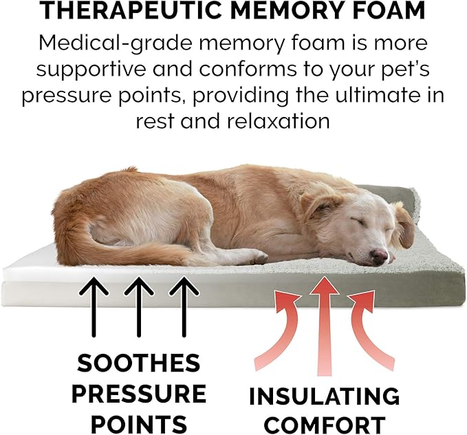 Furhaven Memory Foam Dog Bed for Large Dogs w/ Removable Bolsters & Washable Cover, For Dogs Up to 95 lbs - Two-Tone Plush Faux Fur & Suede L Shaped Chaise - Dark Sage, Jumbo/XL