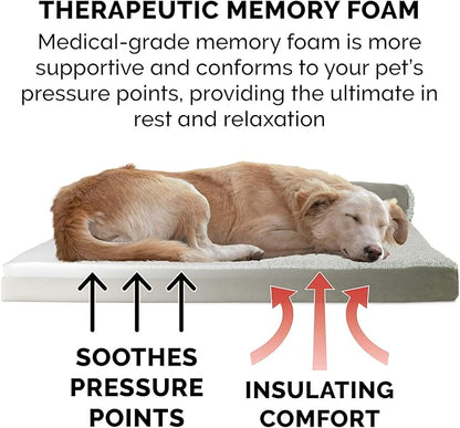 Furhaven Memory Foam Dog Bed for Large Dogs w/ Removable Bolsters & Washable Cover, For Dogs Up to 95 lbs - Two-Tone Plush Faux Fur & Suede L Shaped Chaise - Dark Sage, Jumbo/XL