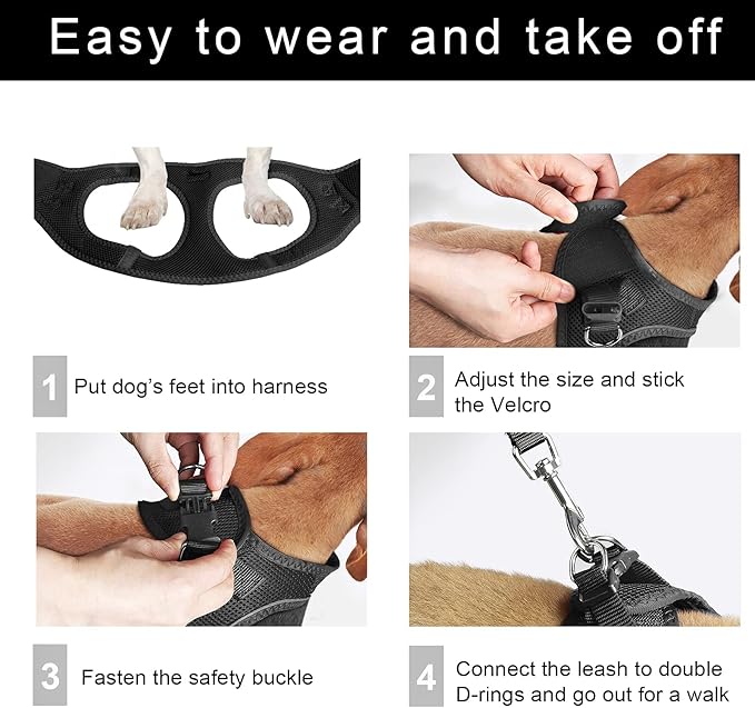 TwoEar Dog Vest Harness Reflective, No-Pull Pet Harness Easy Control with Breathable Mesh, Soft Puppy Step-in Harness No-Choke for Outdoor Walking, Training for Medium Dogs(M, Black)