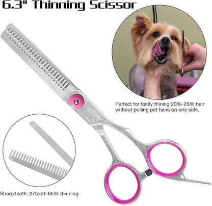 Premium Dog Grooming Scissors with Safety Round Tips, 5 in 1 Dog Grooming Scissors Kit, 4CR Stainless Steel Premium Pet Grooming Shears for Dog, Sharp and Durable, Pink