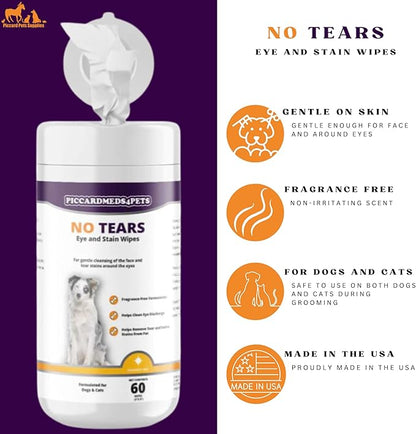 No More Tears Eye & Stain Wipes for Dogs, Cats, and Pets – Gently Removes Tear Stains, Cleanses Sensitive Areas – 60 Count