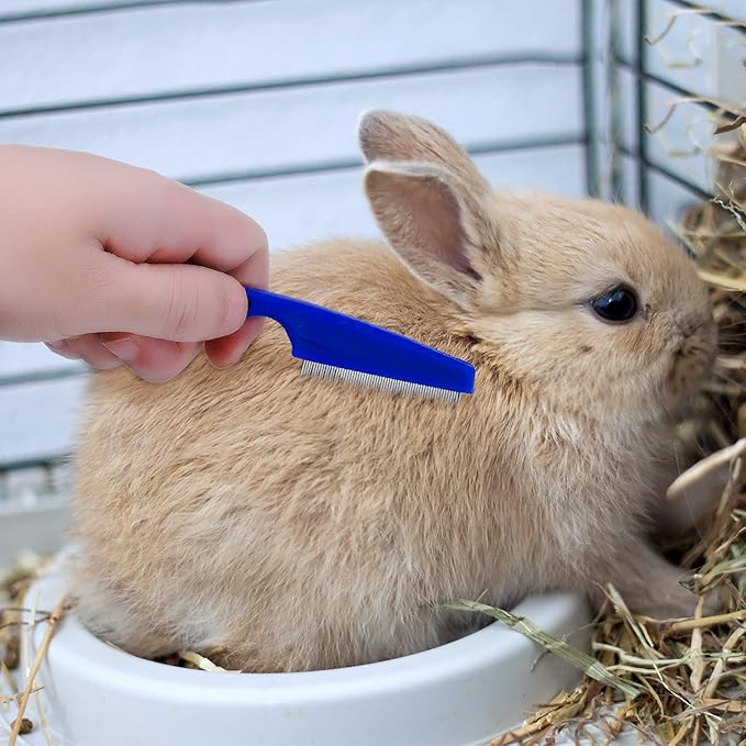 4 Pieces Bunny Grooming Kit: Brush, Hair Remover, Nail Clipper, Shampoo Brush with Adjustable Ring Handle for Rabbits, Hamsters (Blue)