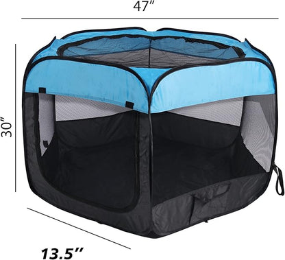 Portable Dog Playpen Cat Tent,Pop Up Playpen for Small Middle Dogs Cats Pet Tent Playground, Indoor Outdoor,47x47x30,Blue/Black,1Pack
