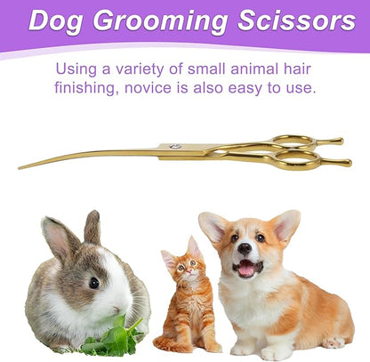 Dog Grooming Scissors, with Ergonomic Handle, Pill Popper for Cats, Upper Bend Shears, Stainless Steel Curved Shears for Dogs Cats, Gold Tone, 7.5inch