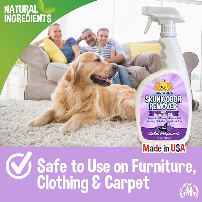 Bodhi Dog Pet Deskunk Spray Odor Eliminator- Skunk Smell Remover with Essential Oils for Dogs, Cats, Furniture, Carpet & Clothing - Safe, Non-Toxic Formula for Lasting Freshness (32 Fl Oz)