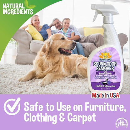 Bodhi Dog Pet Deskunk Spray Odor Eliminator- Skunk Smell Remover with Essential Oils for Dogs, Cats, Furniture, Carpet & Clothing - Safe, Non-Toxic Formula for Lasting Freshness (32 Fl Oz)