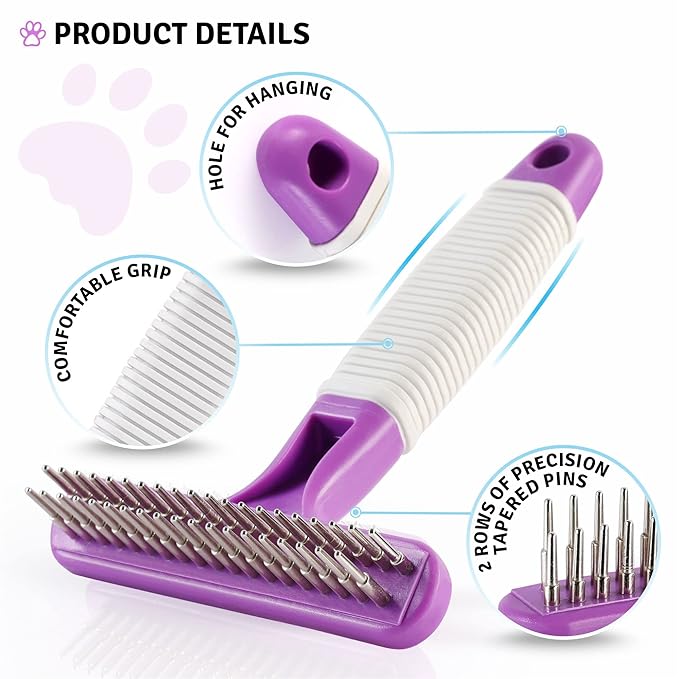 POODLIE Poodle Pet Dog Grooming Rake| Dematting Tool with Stainless Steel Shedding Comb for Pets | 2 Rows of Pins Gently Remove Loose or Tangled Hair from Undercoat | Purple Handle