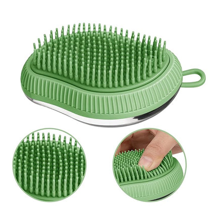 Pet Grooming Bath Massage Brush with Soap and Shampoo Dispenser Soft Silicone Bristle for Long Short Haired Dogs Cats (GREEN)