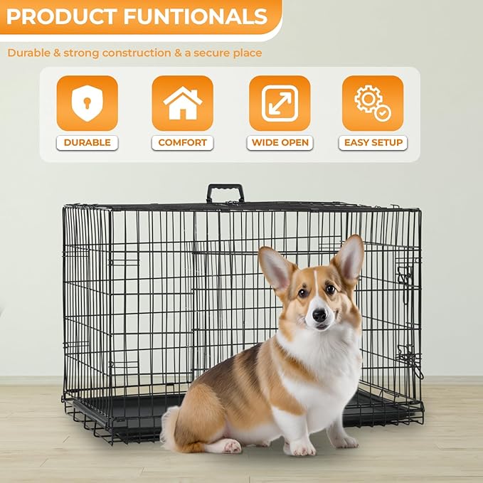 PayLessHere Large Dog Crate Kennel for Medium Large Dogs 24 inches Metal Dog Cage Double-Door Folding Travel Indoor Outdoor Puppy Playpen with Divider and Handle Plastic Tray,Black