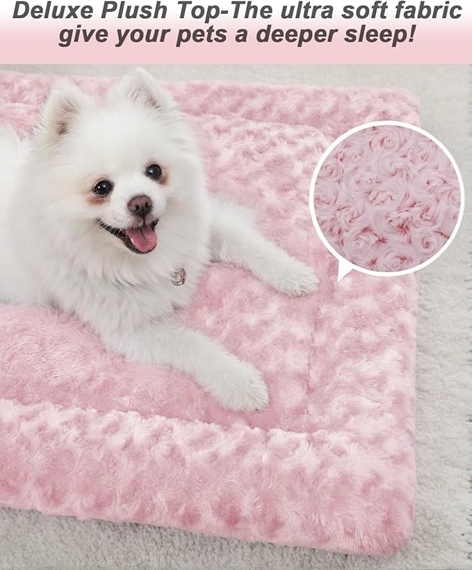 Washable Dog Bed Mat Reversible Dog Crate Pad Soft Fluffy Pet Kennel Beds Dog Sleeping Mattress for Large Jumbo Medium Small Dogs, 29 x 18 Inch, Pink