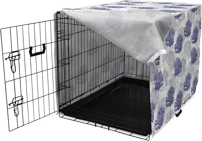 Lunarable Blue Nautical Dog Crate Cover, Demonstration of Coral Sea Plantation Drawings on a Plain Background, Easy to Use Pet Kennel Cover for Medium Large Dogs, 48 Inch, Night Blue White