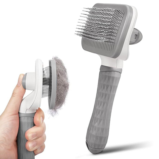 Self Cleaning Slicker Brush for Pets, Removes Loose Undercoat & Portable Comb for Long Short Haired Dogs & Cats (Gray)