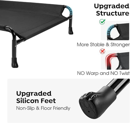 Veehoo Elevated Dog Bed, Cooling Raised Dog Bed with Guardrail & Headrest, Upgraded Non-Slip Silicon Feet, Breathable Teslin Mesh, Portable Pet Cot for Indoor and Outdoor, 35 x 22 Inches, Black