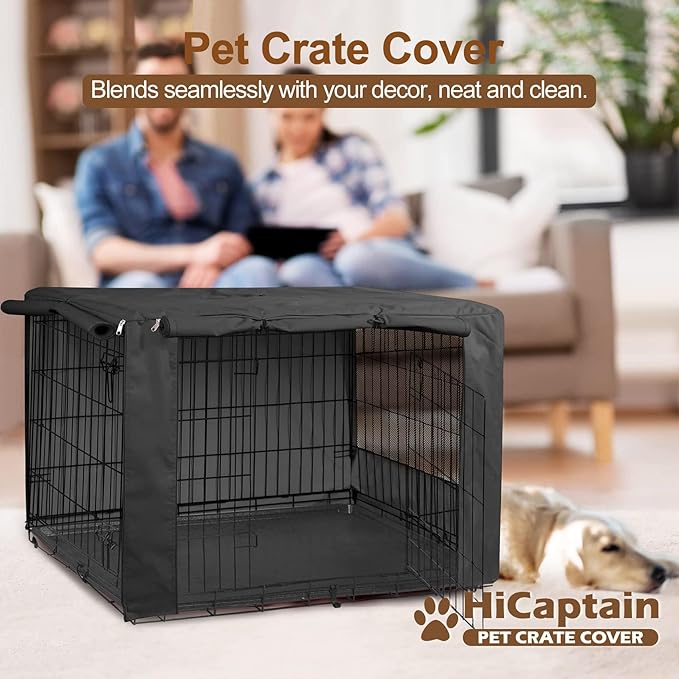 HiCaptain Heavy-Duty Polyester Indoor Kennel Cover for 48 Inch Wire Crates, Universal Fit for 1-2 Door Standard Metal Dog Cage (Black)