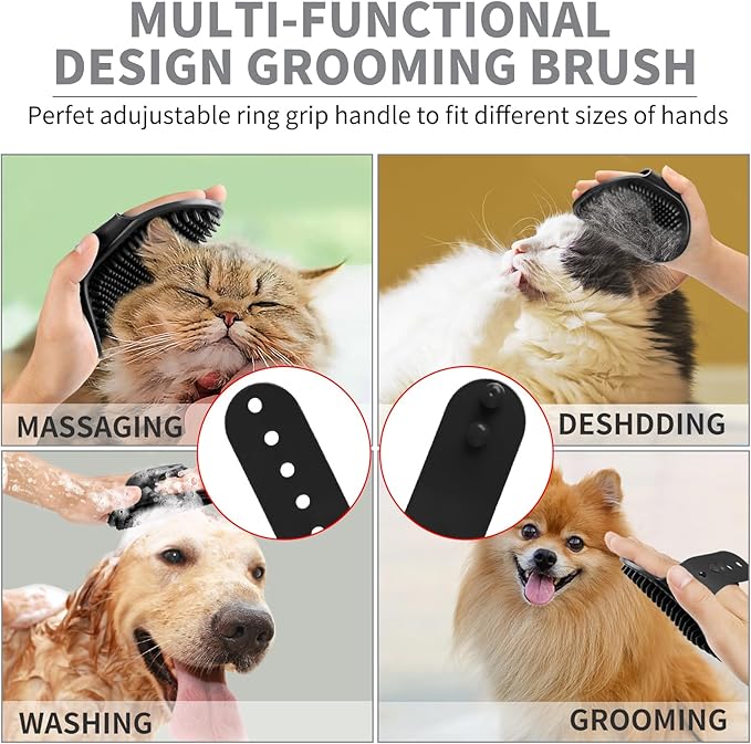 Comotech 3PCS Dog Bath Brush Scrubber | Shampoo Brush with Adjustable Ring Handle for Short & Long Hair (Gray, Black, Gray)