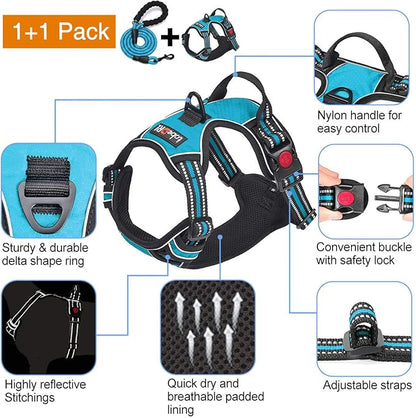 tobeDRI No Pull Dog Harness Adjustable Reflective Oxford Easy Control Medium Large Dog Harness with A Free Heavy Duty 5ft Dog Leash