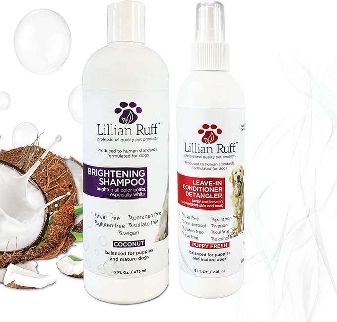 Lillian Ruff Ultra-Brightening Professional Dog Whitening Shampoo & Leave-in Dog Conditioner Detangler Spray Set - pH-Balanced, No Rinse Hydrating Conditioning Spray