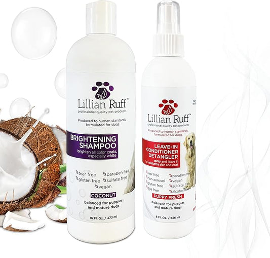 Lillian Ruff Ultra-Brightening Professional Dog Whitening Shampoo & Leave-in Dog Conditioner Detangler Spray Set - pH-Balanced, No Rinse Hydrating Conditioning Spray