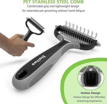 Pet Grooming Supplies - 2-in-1 Professional Undercoat Rake and Pet Brush | Shedding Control for Long-Haired Dogs and Cats, Deshedding Tool, Knot Removal,Grey
