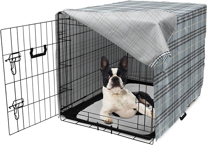 Lunarable Plaid Dog Crate Cover, Traditional Vintage Pattern with Modern Look Checkered Pastel Colored, Easy to Use Pet Kennel Cover for Small Dogs Puppies Kittens, 22 Inch, Pale Blue Dimgray Cream