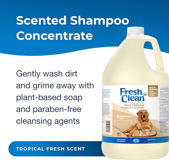 PetAg Fresh ’n Clean Oatmeal ’n Baking Soda Shampoo - Tropical Fresh Scent (15:1 Concentrate) - 1 Gallon - Nurtures Dry, Itchy Skin with Vitamin E & Aloe - Strengthens & Repairs - Soap Free