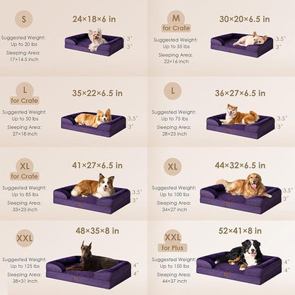 EHEYCIGA Orthopedic Dog Beds for Extra Large Dogs, Waterproof Memory Foam XL Dog Bed with Sides, Non-Slip Bottom and Egg-Crate Foam Big Dog Couch Bed with Washable Removable Cover, Purple