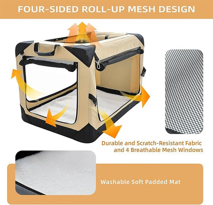 Pettycare 30 Inch Collapsible Dog Crate for Medium Dogs, 4-Door Foldable Soft Dog Kennel with Chew Proof Mesh Windows, Indoor & Outdoor Travel Dog Crate, Beige