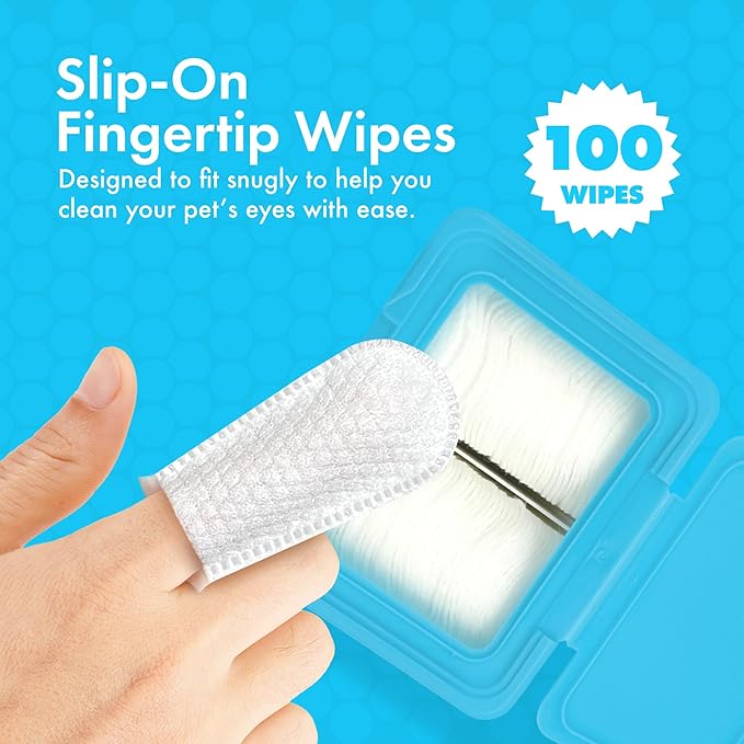 Petkin Fingertip Eye Wipes for Dogs and Cats, 100 Finger Wipes - Slip-On, Snug Fit, Micro-Bristle Fabric - Cleans Eye Area, Dirt and Tear Stains - Convenient, Ideal for Home and Travel - No Scent