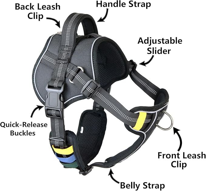 No-Pull Large Dog Harness - Tatical Dog Harness for Large Dog with Handle, Freedom No Pull Escape Proof Dog Vest Harness, Front Clip Reflective Adjustable Service Dog Harness(Black, Large)