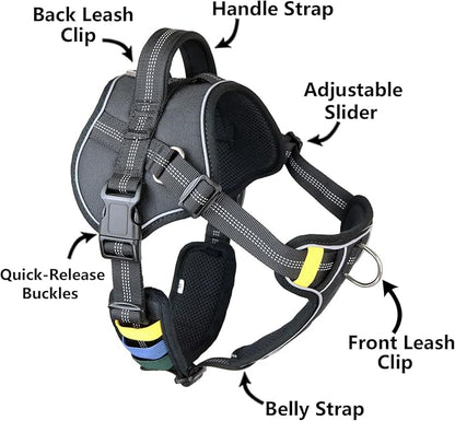 No-Pull Large Dog Harness - Tatical Dog Harness for Large Dog with Handle, Freedom No Pull Escape Proof Dog Vest Harness, Front Clip Reflective Adjustable Service Dog Harness(Black, Large)