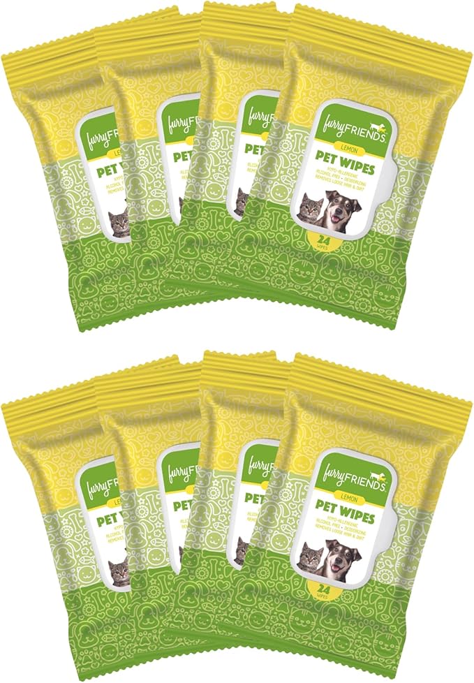 FurryFriends Pet Wipes | Lemon Scented | Hypo-allergenic | Alcohol Free| Deodorizing | Removes Loose Hair & Dirt | Incredibly Clean | 8 Pack