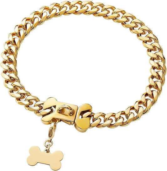 15mm Wide Strong Stainless Steel Bone Style Buckle Gold Dog Chain Collar,18K Gold Plated Cuban Link Chain Dog Necklace Collar for Small Medium Large Dogs - 18''