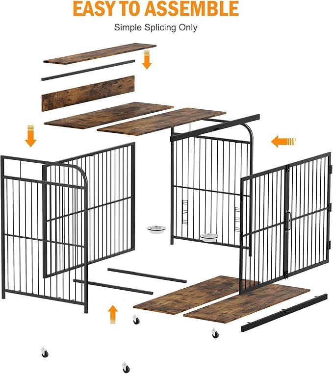 48 Inch Dog Crate Furniture, Dog Crate with Adjustable Height Feeder, Designed for Small Dogs, Featuring 360-Degree Swivel Wheels for Easy Movement, Rustic Brown Finish