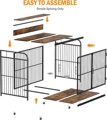 48 Inch Dog Crate Furniture, Dog Crate with Adjustable Height Feeder, Designed for Small Dogs, Featuring 360-Degree Swivel Wheels for Easy Movement, Rustic Brown Finish