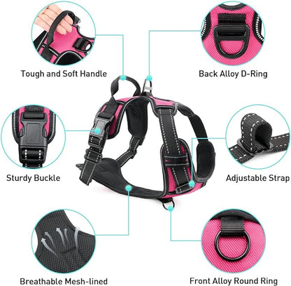 Joytale No Pull Dog Harness Medium Sized Dog, Reflective Pet Vest with Front Clip, Adjustable Soft Padded Harnesses with Easy Control Handle for Training and Walking, Hot Pink, M